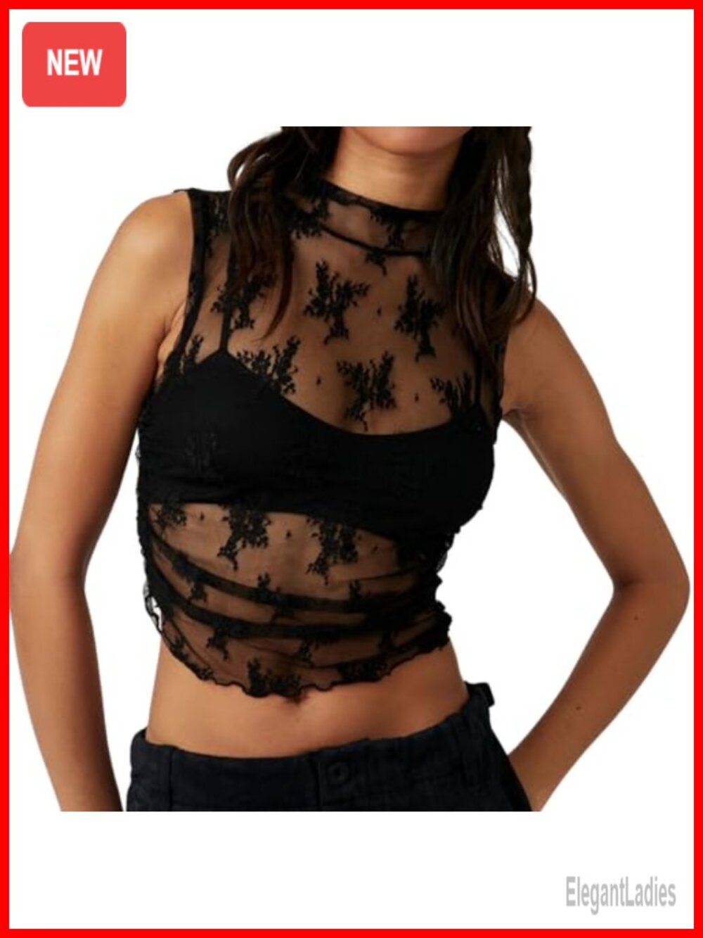 Sleeveless See Through Lace Mesh Crop Top Mock Neck Ruched Slim Fit